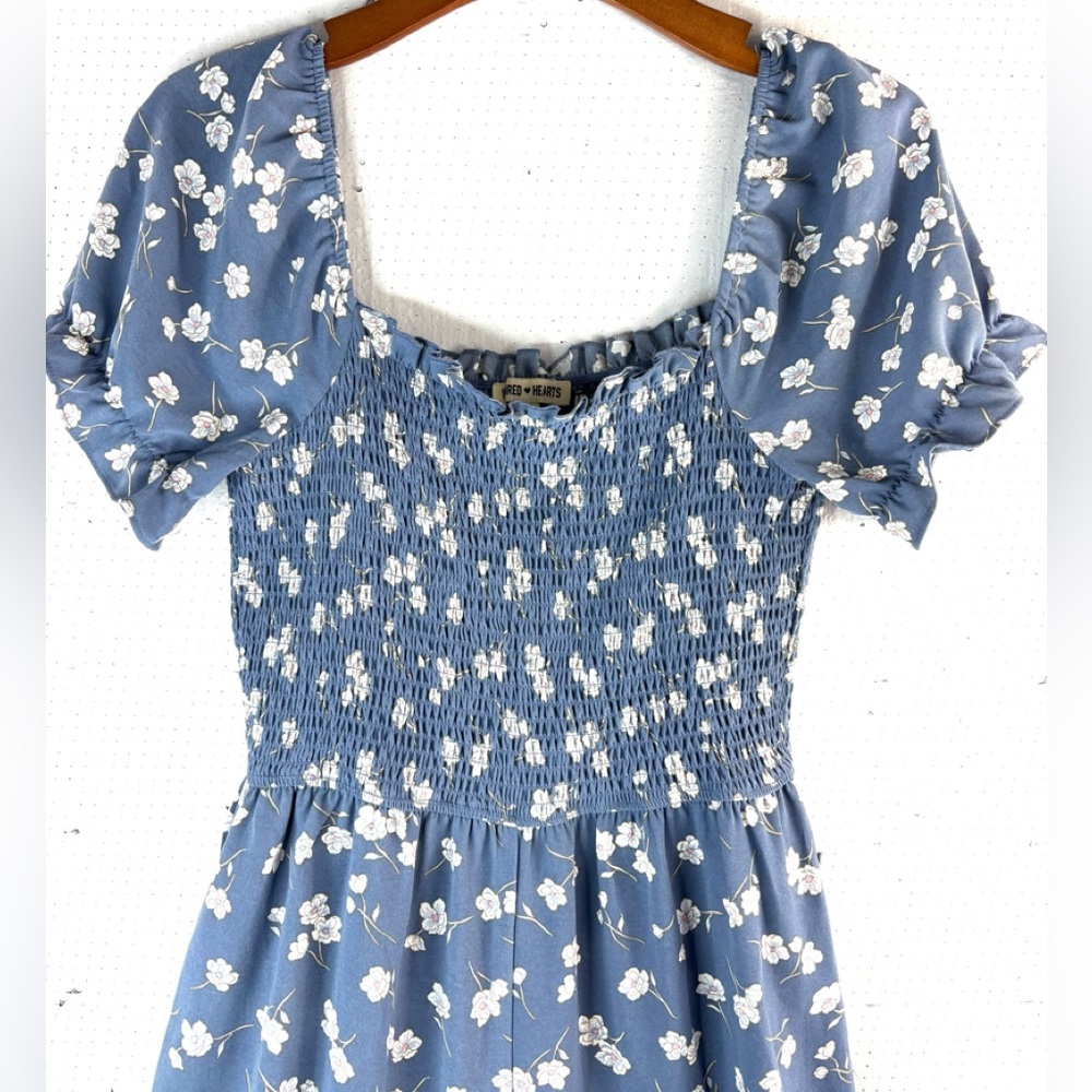 Inspired Hearts L Feminine Boho Smocked Gray Blue Ditsy Floral Jumpsuit - Picture 4 of 8